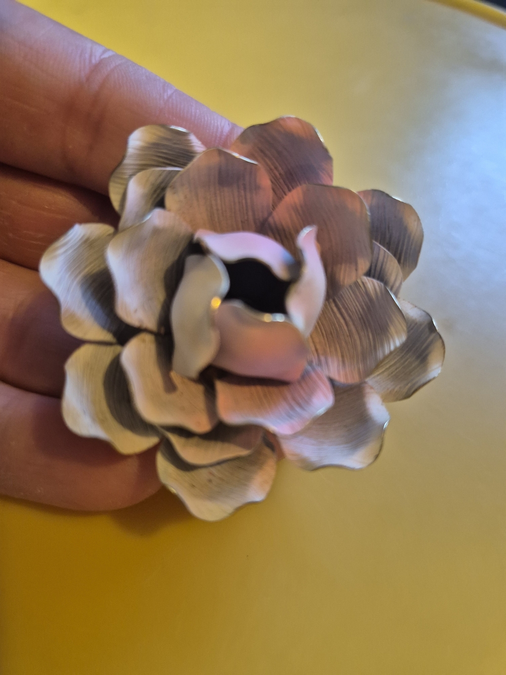RARE Vintage Statement Metal Flower Pin Brooch. Light Pink/White Single Rose.